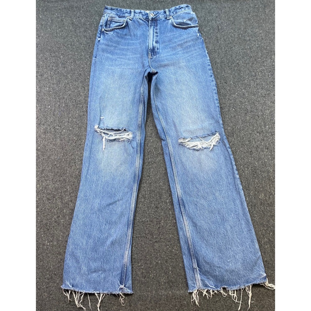 Zara Distressed Wide Leg Jeans Sz 10 Womens Blue Skater Grunge Raw Hem